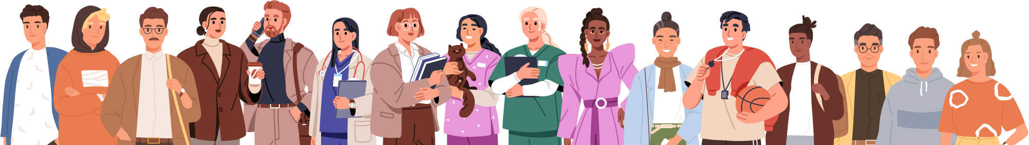 An illustrated village of family members, teachers, therapists, and caregivers